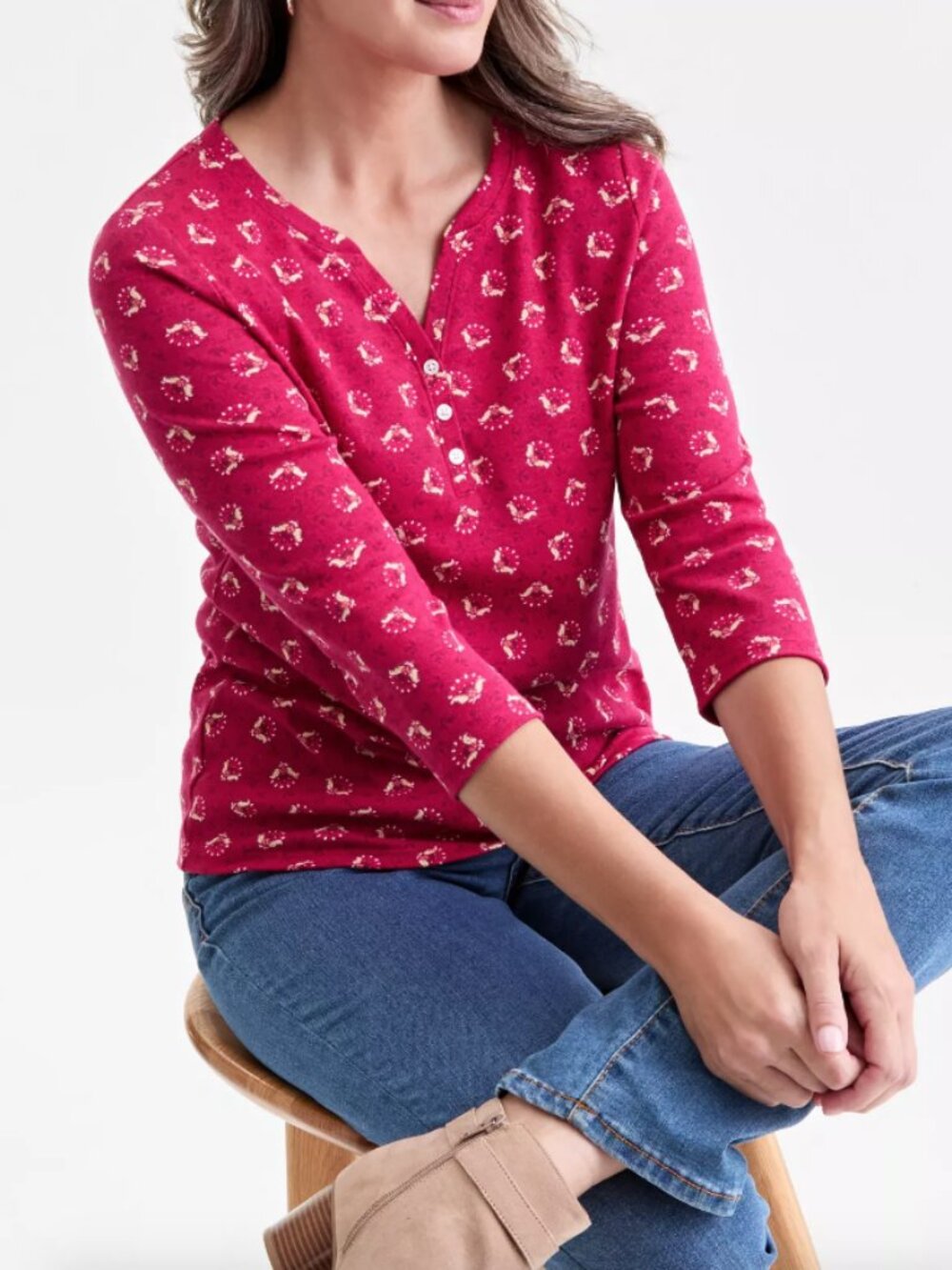 Style & Co Women's Printed 3/4 Sleeve Henley Top Berry Red Plus Size 2X